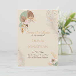 Convite Classy Feather Boho Beige Wedding Date