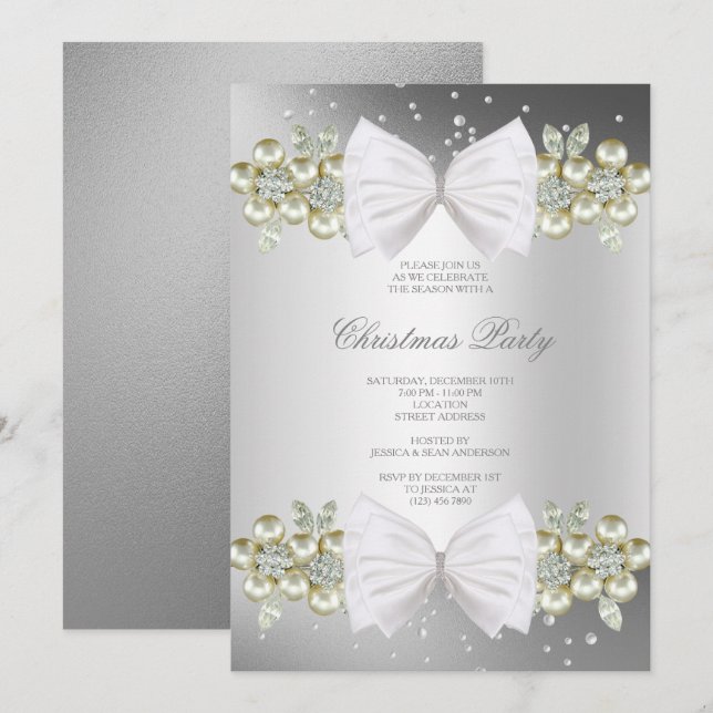 Convite Classy Gems & Bow Natal Prata (Frente/Verso)