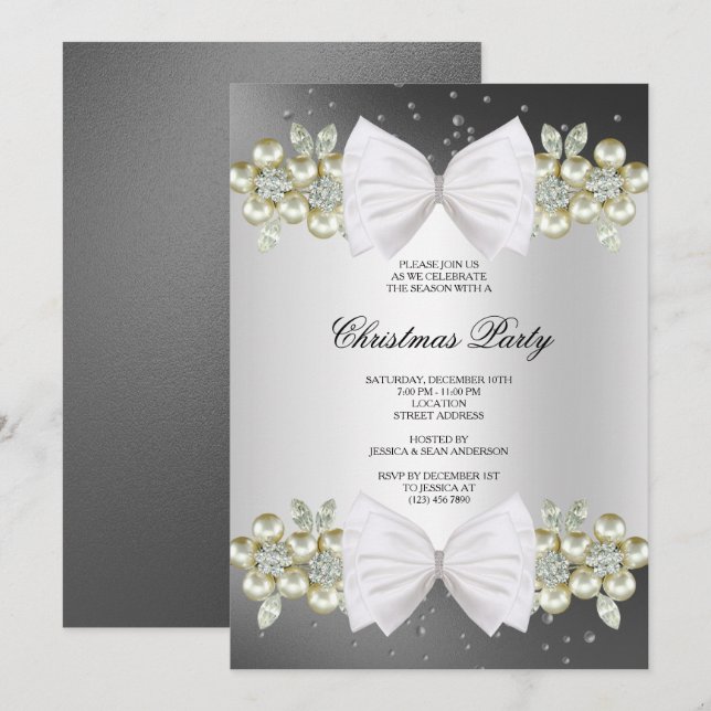 Convite Classy Gems & Bow Natal Preto (Frente/Verso)