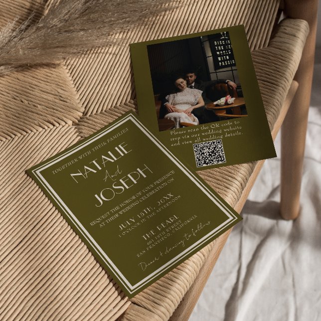 Convite Classy Grassland Fancy Retro QR Code Photo Wedding (Criador carregado)