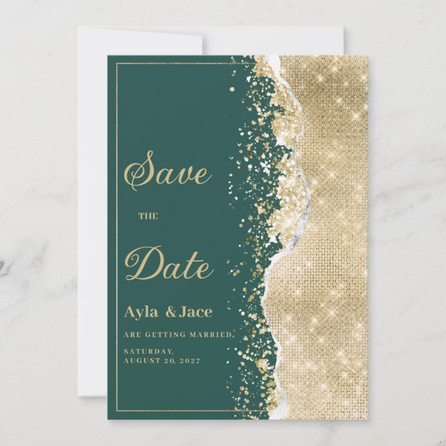Convite Classy luxury green gold glitter Save the Date  (Frente)