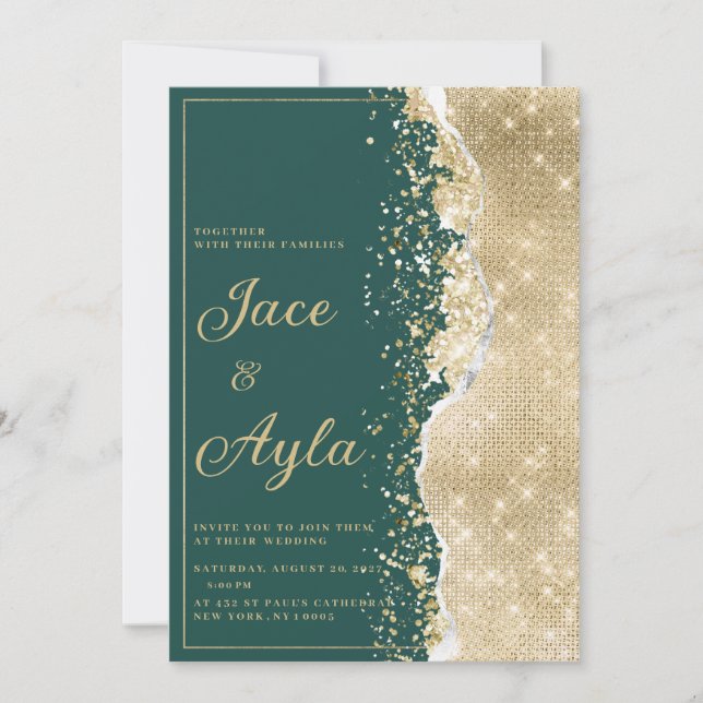 Convite Classy luxury green gold glitter Wedding (Frente)