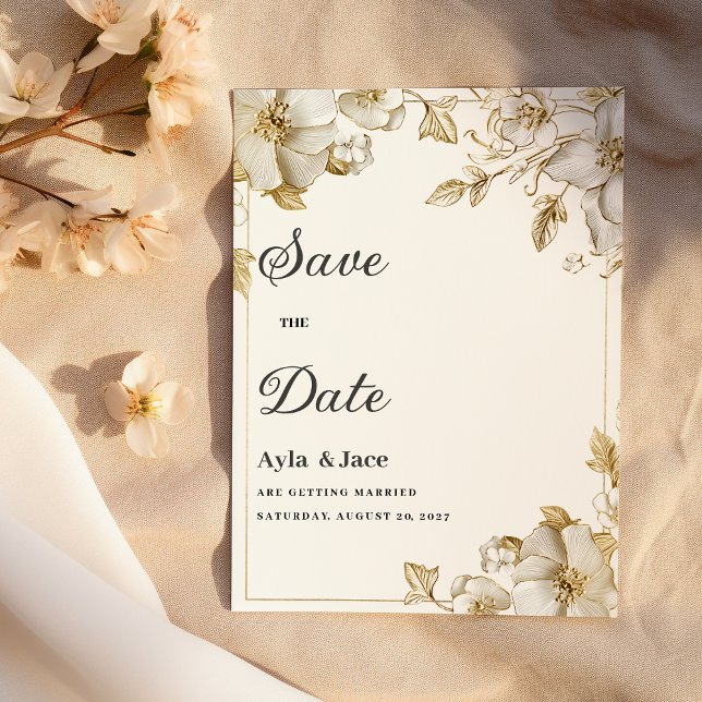 Convite Classy luxury white and gold floral Save the Date (Classy luxury white and gold floral Save the Date)