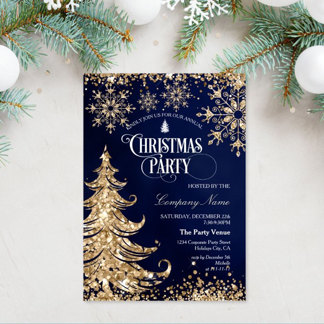 Convite Classy Navy Gold Glitter Corporate Christmas Party (elegant christmas party invitation with gold glitter christmas tree on the navy background)