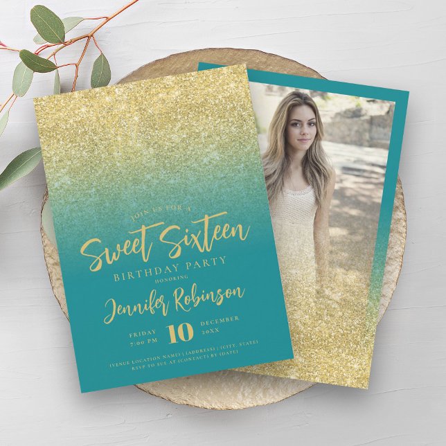 Convite Classy Ouro Turquesa Brilho Foto Doce 16   (Classy Gold Turquoise Glitter Photo Sweet 16 Invitation)