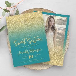 Convite Classy Ouro Turquesa Brilho Foto Doce 16  