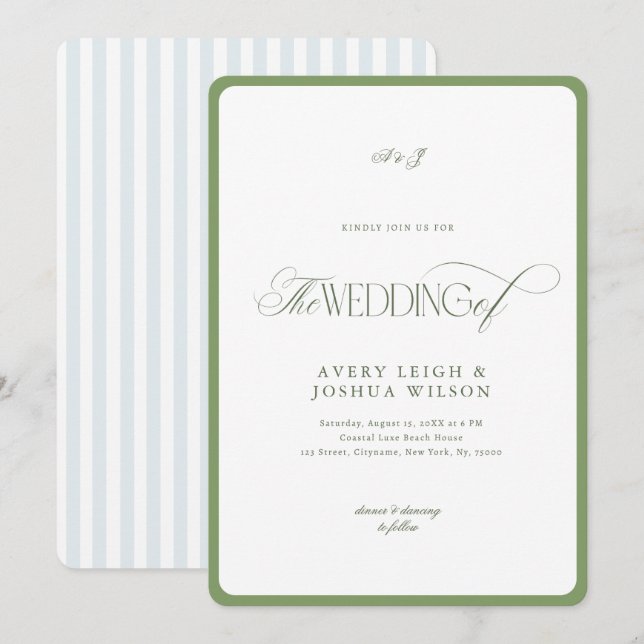 Convite Classy Sage Green & Blue Stripes Coastal Wedding (Frente/Verso)