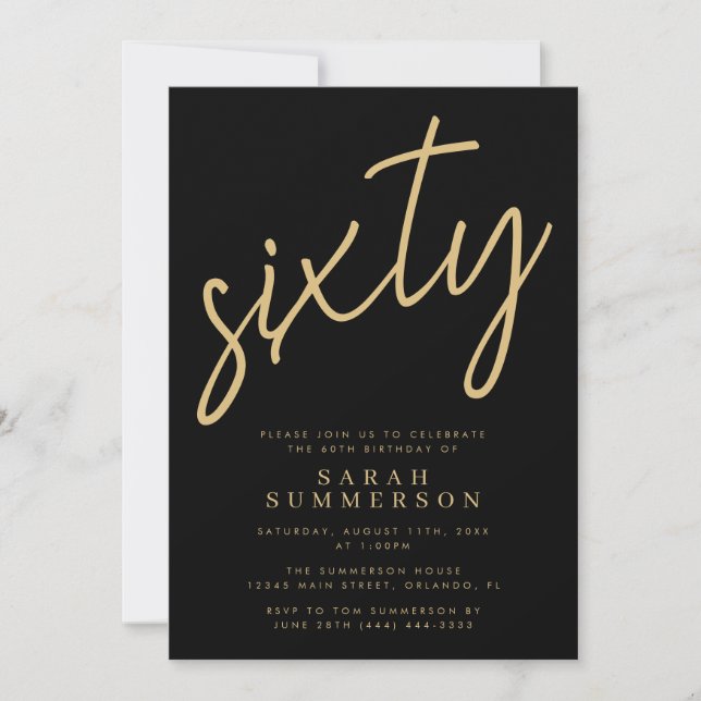 Convite Classy Script Sixty Black Gold 60th Birthday Party (Frente)
