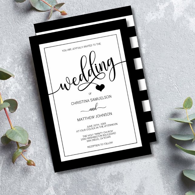 Convite Classy Simple Black & White Heart Wedding (Criador carregado)