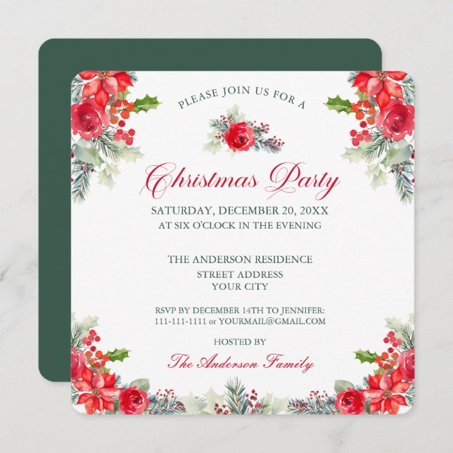 Convite Classy Watercolor Floral Christmas Party  (Frente/Verso)