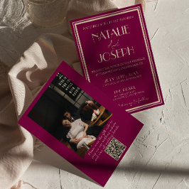 Convite Classy Wine Old Money Retro Photo QR Code Wedding