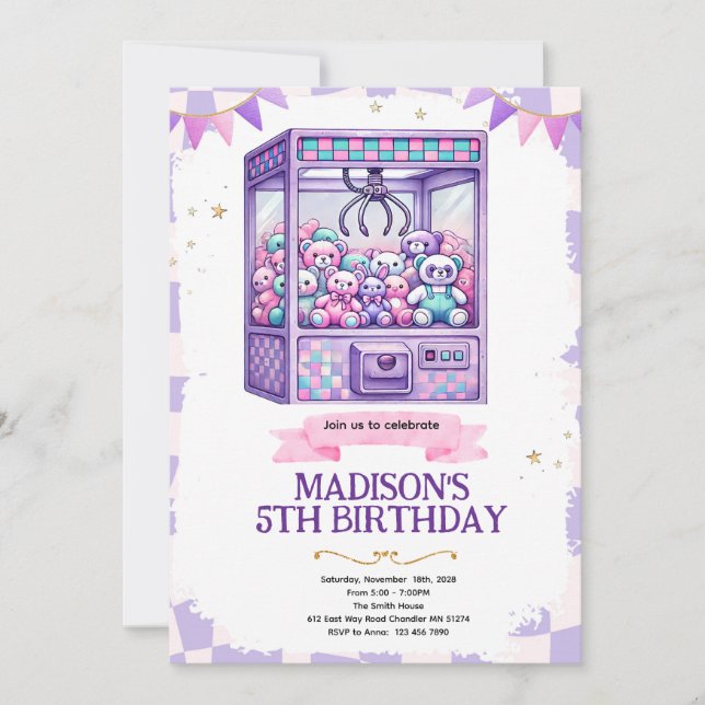 Convite Claw machine arcade party invitation (Frente)