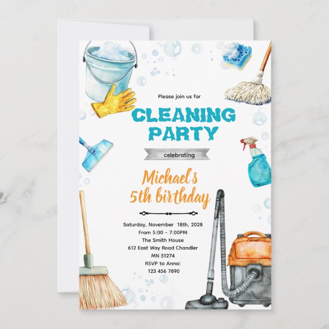 Convite Cleaning birthday party invite (Frente)