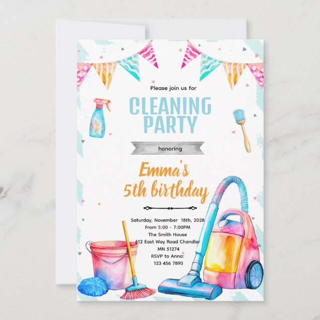 Convite Cleaning theme girl party invitation (Frente)