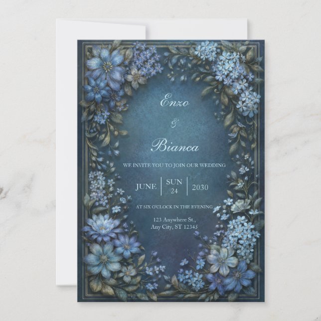 Convite Clematite Azul Meia-Noite com Borda Dourada Casame (Frente)