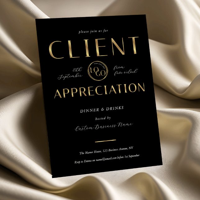 Convite Client Appreciation Day Black & Gold Logo Company (Criador carregado)