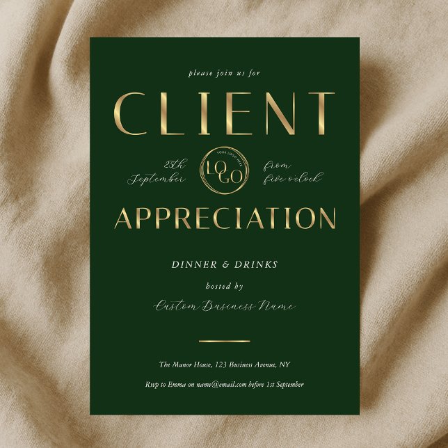 Convite Client Appreciation Day Green & Gold Logo Company (Criador carregado)