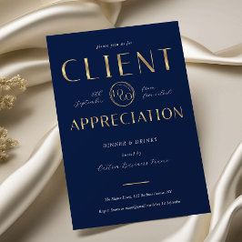 Convite Client Appreciation Day Navy & Gold Logo Company