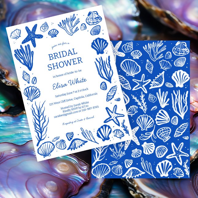 Convite CLIENTE Azul Praia do Frame Chá de panela (Seashells Frame Bridal Shower Blue Beach CUSTOM Invitation
)