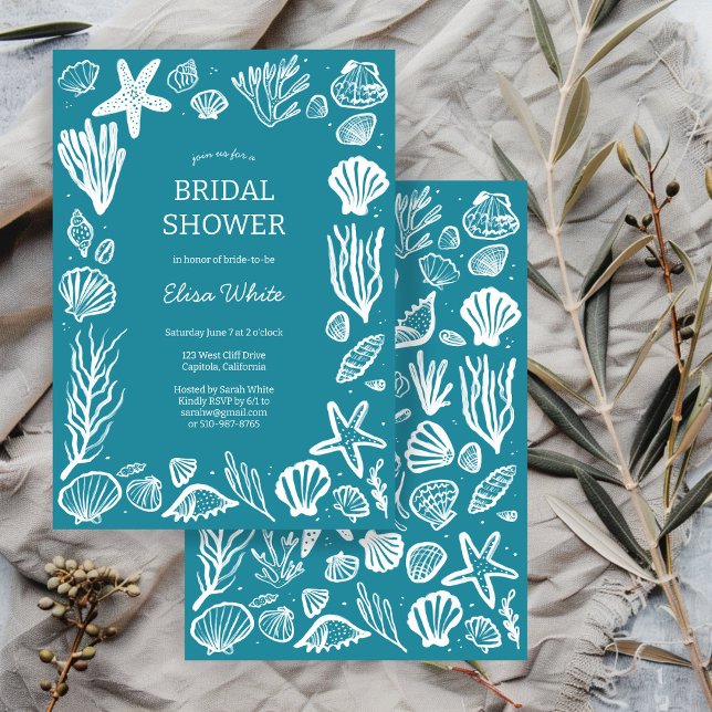 Convite CLIENTE de Teal Beach do Frame Chá de panela (Seashells Frame Bridal Shower Teal Beach CUSTOM Invitation
)