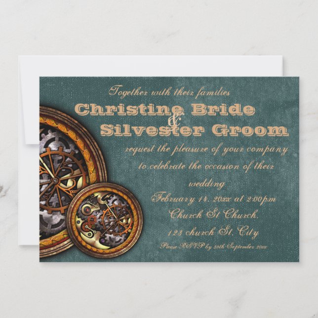 Convite Clockwork and Leather, casamento de 5 horas por di (Frente)