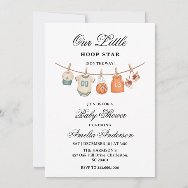 Convite Clothesline Basketball baby shower invitation  (Frente)