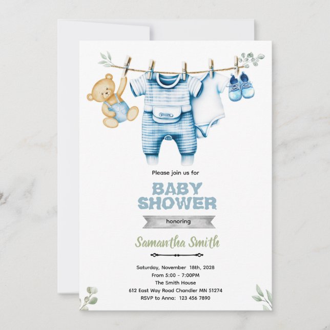 Convite Clothesline boy baby shower invitation (Frente)
