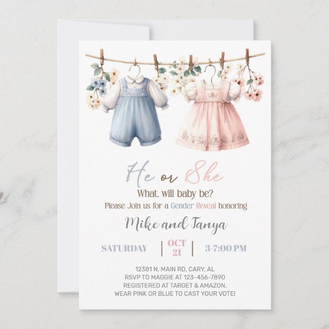 Convite Clothesline gender reveal invitation, flowers. (Frente)