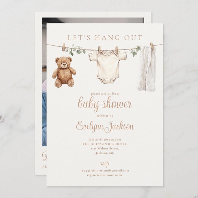 Convite Clothesline Neutral Baby Shower Photo QR Code (Frente/Verso)