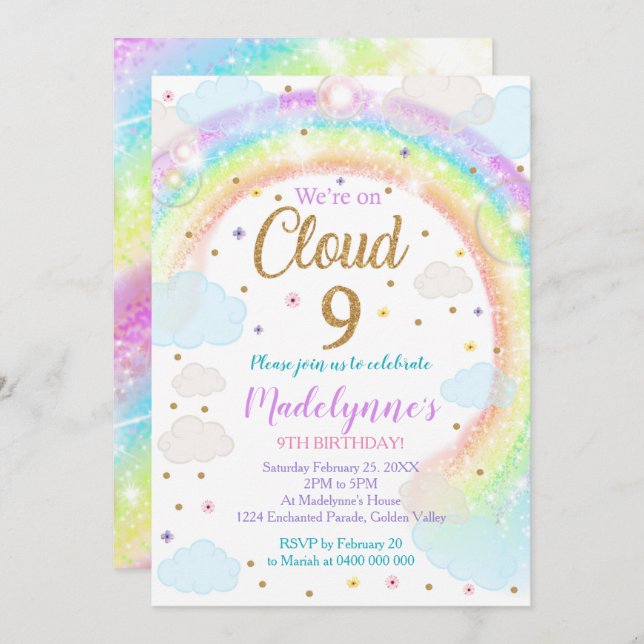 Convite Cloud 9 Convite Rainbow Clouds Convite (Frente/Verso)