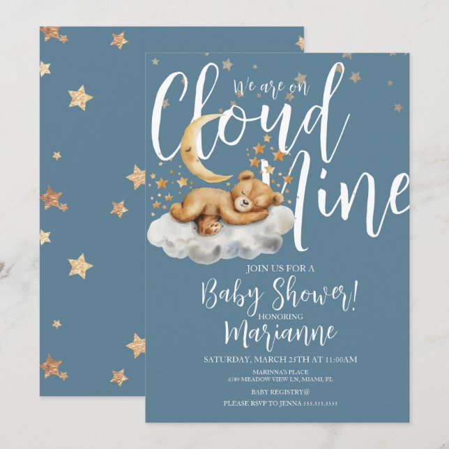 Convite  Cloud Bear Boy Stars Baby Shower  Invitation (Frente/Verso)
