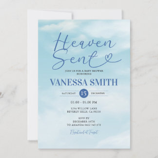 Convite Cloud Heaven Sent Baby Shower Blue Watercolor