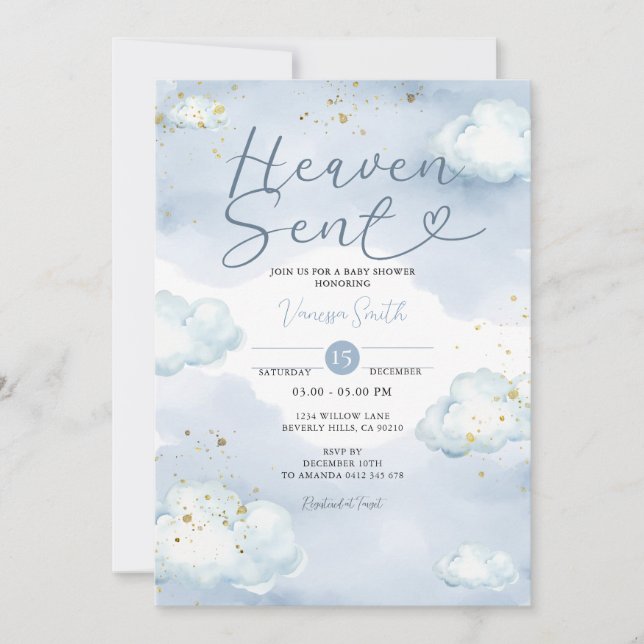 Convite Cloud Heaven Sent Baby Shower Gold Glitter (Frente)