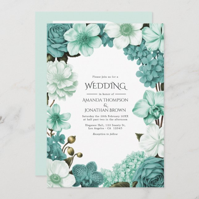 Convite Cloud Mint, Frosted Teal & Seaglass Ivory Wedding (Frente/Verso)