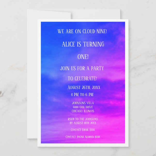 Convite Cloud Nine 1rua Primeiro Aniversário Código QR Ros (Frente)