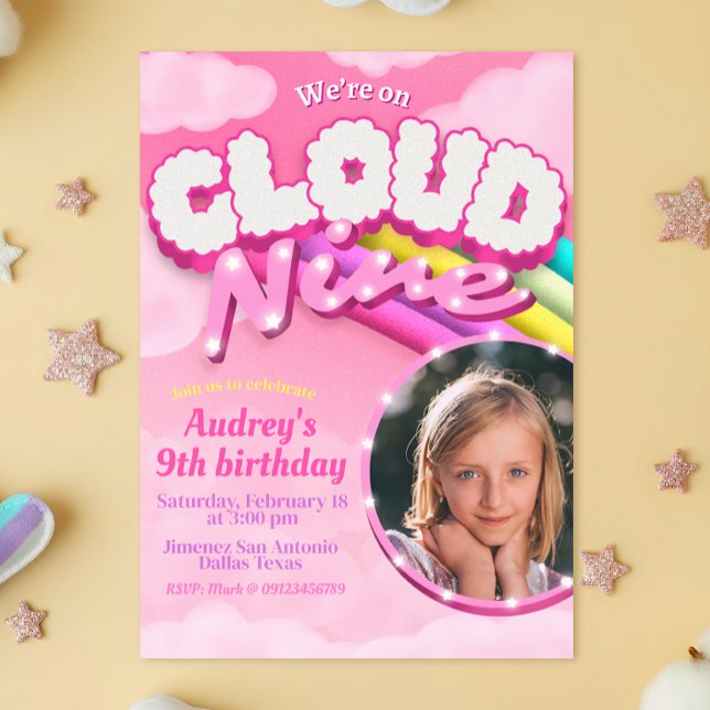 Convite Cloud Nine - 9º aniversário com Imagem (Cloud Nine - 9th Birthday with Picture Invitation)