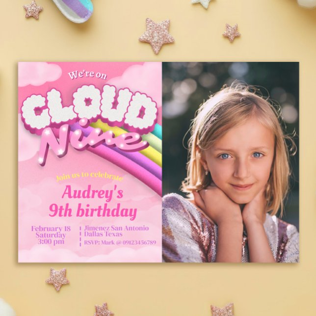 Convite Cloud Nine - 9º aniversário - Rapariga (Cloud Nine - 9th Birthday - Girl Invitation)
