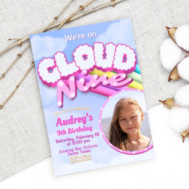 Convite Cloud Nine - 9th Birthday with Photo (Cloud Nine - 9th Birthday with Picture Photo Invitation)