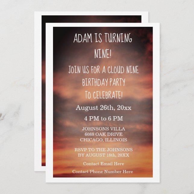 Convite Cloud Nine Festa de aniversário 9ª Idade Personali (Frente/Verso)