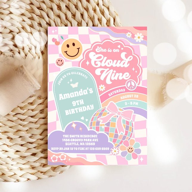 Convite Cloud Nine Retro Groovy Daisy 9th Birthday Invitat (Criador carregado)