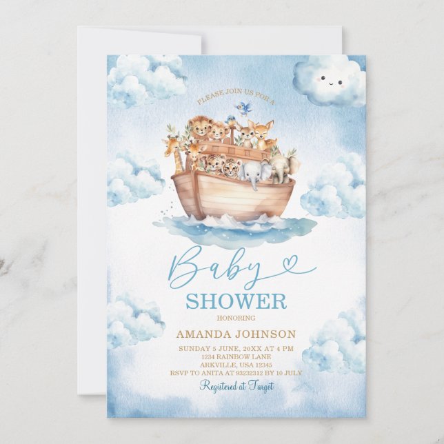 Convite Cloud Noah's Ark Light Blue Baby Shower (Frente)