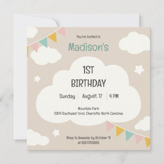 Convite Clouds party flags baby first birthday invitation