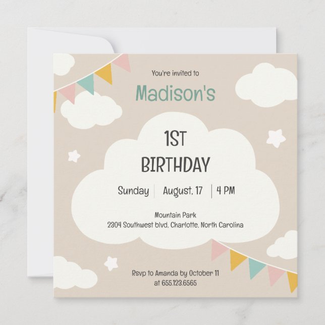 Convite Clouds party flags baby first birthday invitation (Frente)
