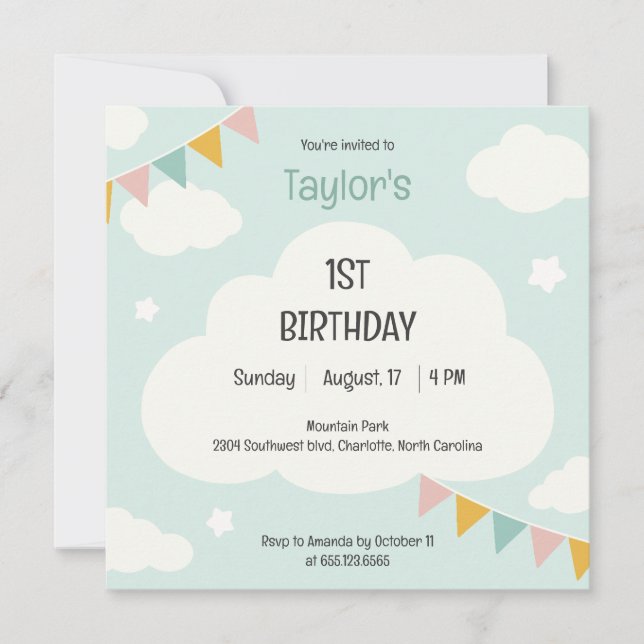 Convite Clouds party flags baby first birthday invitation (Frente)