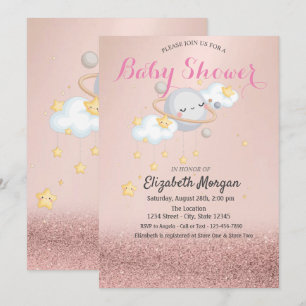 Convite Clous Stars Planeta Rosa Dourado Bokeh Baby Shower