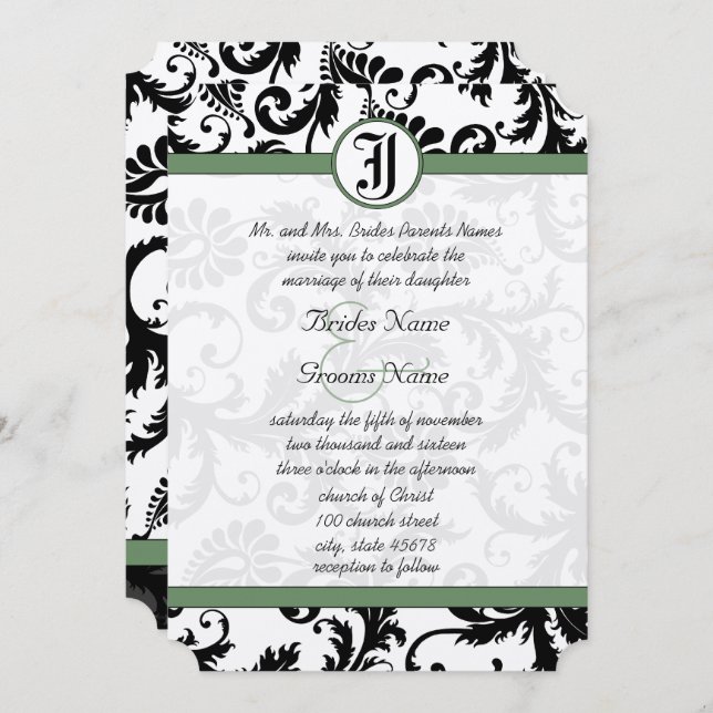 Convite Clover Green Damask Swirls Wedding Invitation (Frente/Verso)