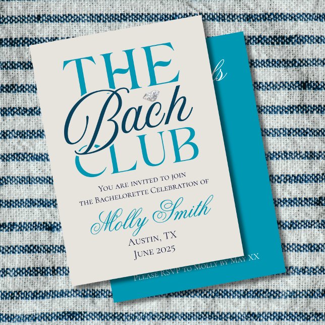 Convite Clube Bach Moderno Simples Azul Despedida de Solte (The Bach Club invite with modern serif font – perfect for engagement or bridal celebrations!)