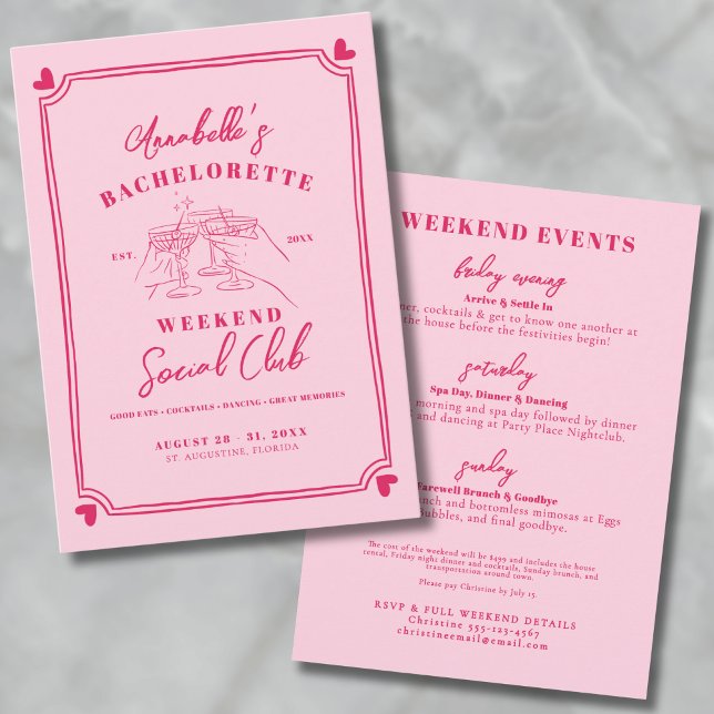 Convite Clube de Encontro de Fim de Semana para Despedida  (Girls Weekend Cocktail Social Club Bachelorette Invitation)