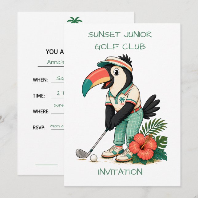 Convite Clube de Golfe Infantil Retro Toucan Júnior Person (Frente/Verso)