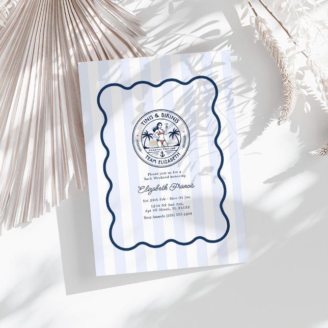 Convite Clube de Praia Preppy Tinis e Bikinis despedida de (Preppy Beach Club Tinis & Bikinis Bachelorette Invitation)